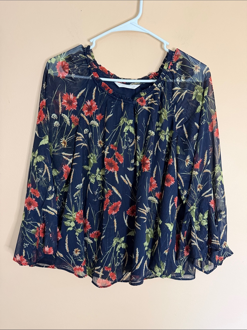 LC Lauren Conrad Navy Floral Peasant Blouse with Red & Green Accents
